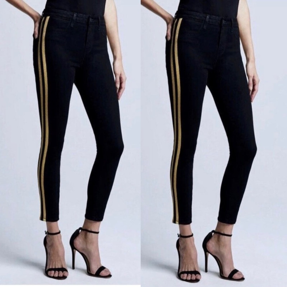 L'AGENCE Margot High Rise Skinny Black Jeans Gold Stripe Women's Sz 27 NEW $255